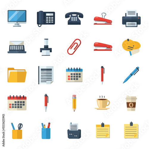Business and office vector icon set: a comprehensive symbol collection for web, internet, and school designs, featuring essential items like pens, pencils, books, computers, phones, and shopping carts