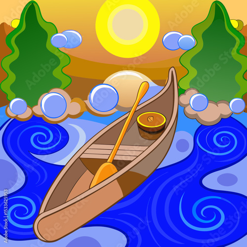 Red cedar canoe gliding through mirror-like river at sunrise, mist rising with visible paddle swirls

