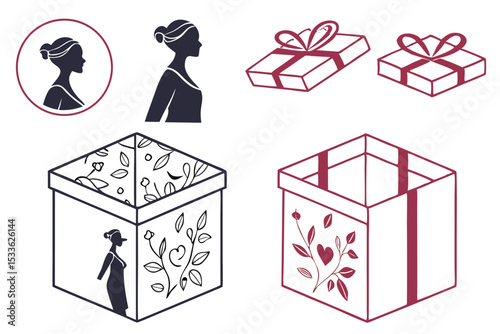 Gift Packaging Icons. Outline icon set of gift packaging styles: kraft paper wrap, clear cellophane bag, metallic foil box, fabric