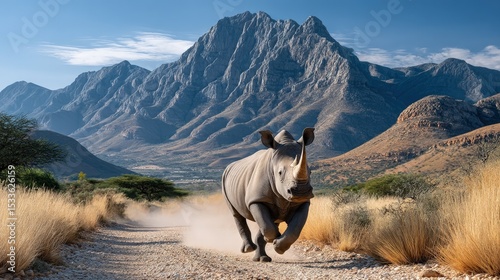 Rhino running through mountain landscape