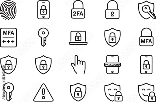 Digital Fortress: Icons illustrating robust security measures, including fingerprint authentication, mobile device locks, and diverse shield symbols, all meticulously designed. 