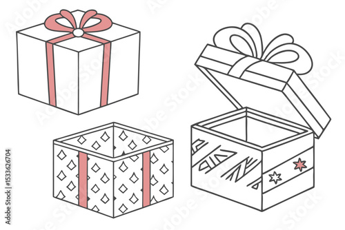 Gift Packaging Icons. Outline icon set of gift packaging styles: kraft paper wrap, clear cellophane bag, metallic foil box, fabric