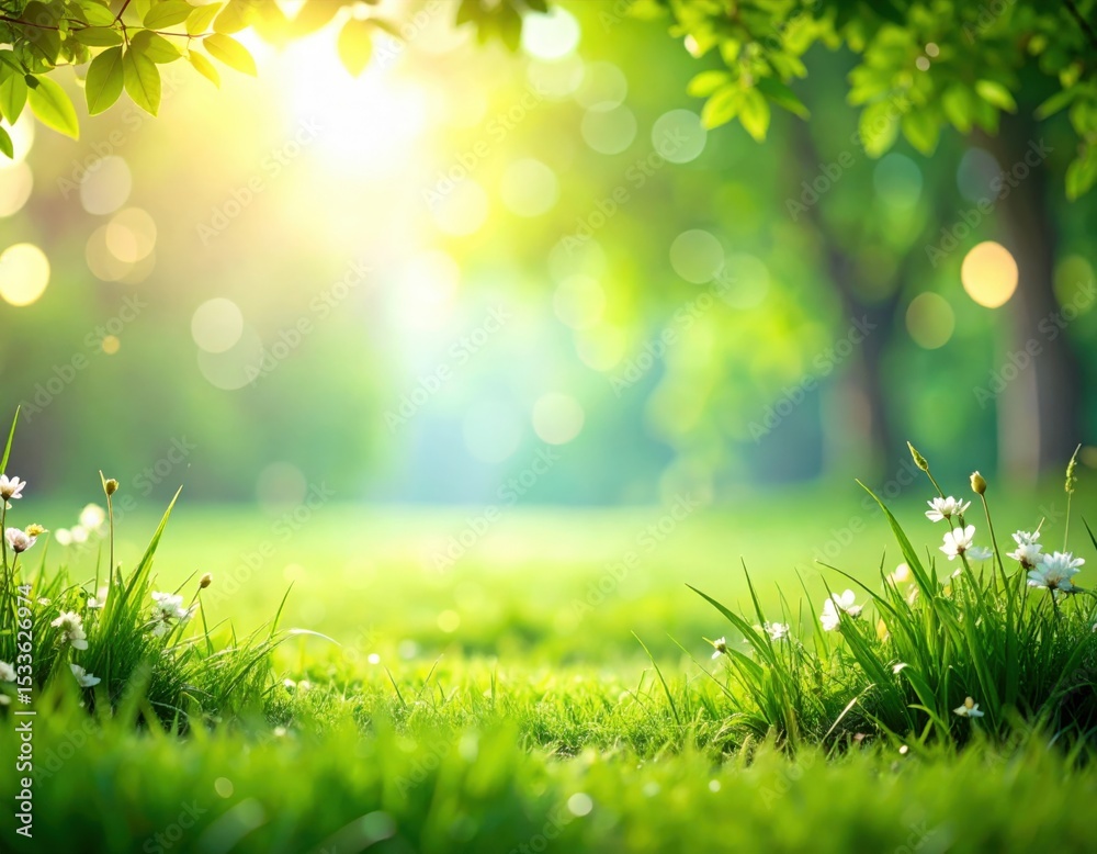 Fototapeta premium Morning light on vibrant green grass with wildflowers in a serene nature landscape
