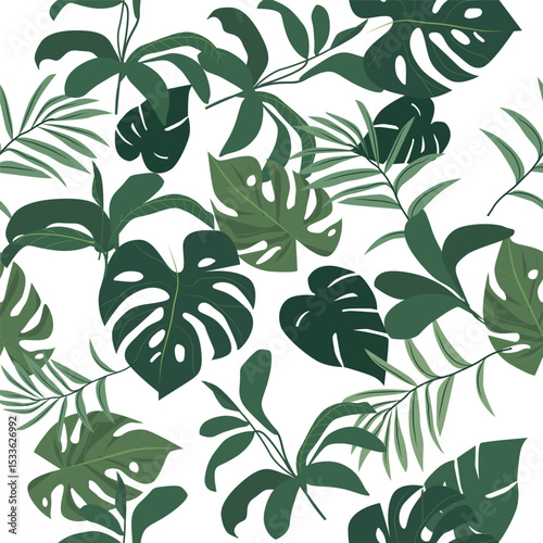 Tropical Jungle Leaves Seamless Pattern – Flat Vector Design on White. Vector Pattern
