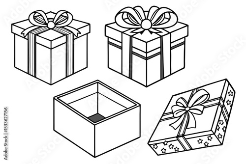 Gift Packaging Icons. Outline icon set of gift packaging styles: kraft paper wrap, clear cellophane bag, metallic foil box, fabric