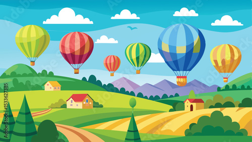 Colorful hot air balloons floating over scenic landscape with houses and fields