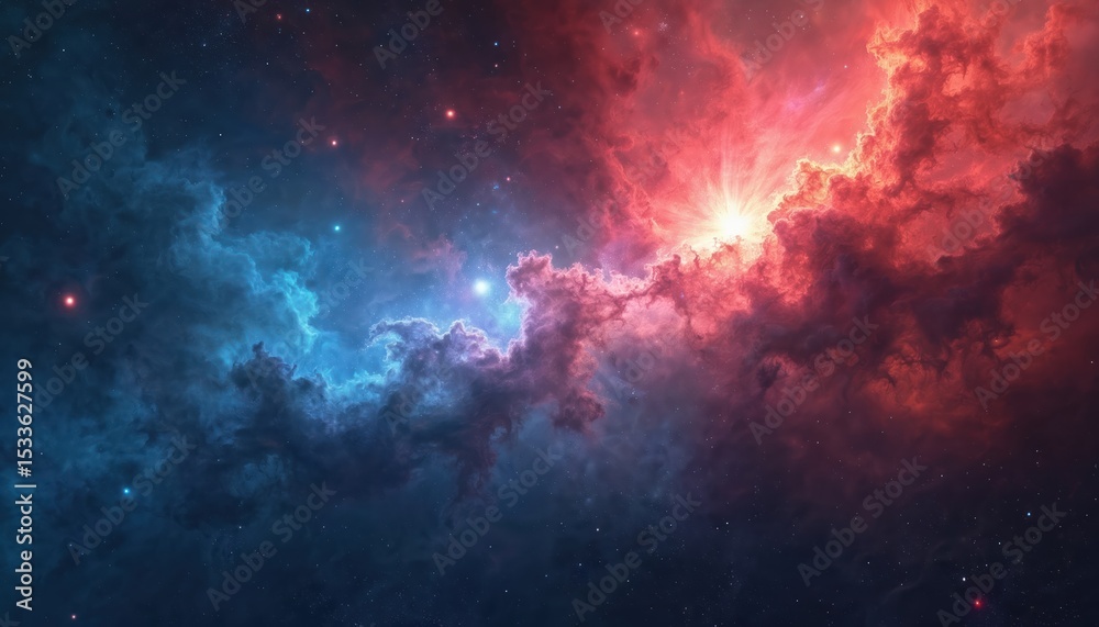 Fototapeta premium Abstract illustration features vibrant nebula galaxy. Red, blue cosmic clouds, stardust, bright stars, outer space fantasy universe backdrop. Ideal for wallpaper, print, design, sci-fi projects.
