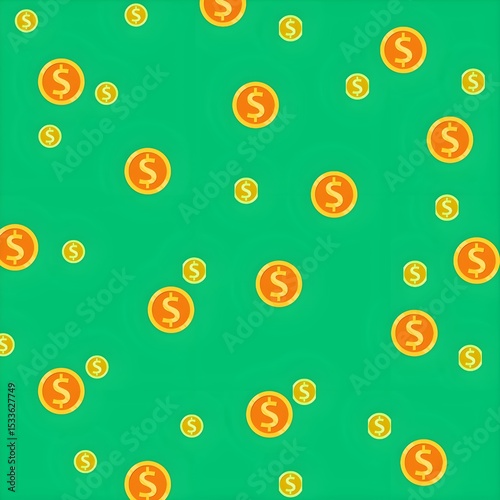 Seamless pattern of golden dollar coins falling on a vibrant green background, symbolizing wealth, financial growth, and success. Ideal for business, finance, and investment designs