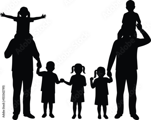 Family Bond: A silhouette of a family enjoying quality time together, with parents carrying children on their shoulders, symbolizing the bond of togetherness and the simple joys of life.
