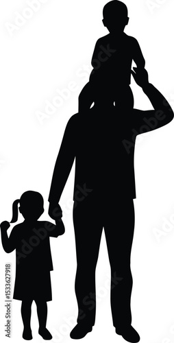 Family silhouette of father and children: A heartwarming silhouette of a father carrying a child on his shoulders while holding his daughter's hand. Reflecting love, care.