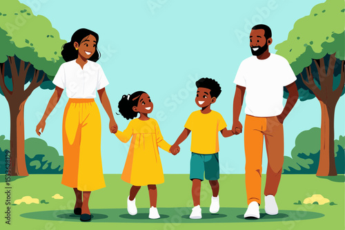 Happy black family walking in the park