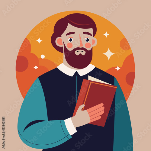 Contemplative man (theologian) holding a religious text, looking thoughtful and wise.