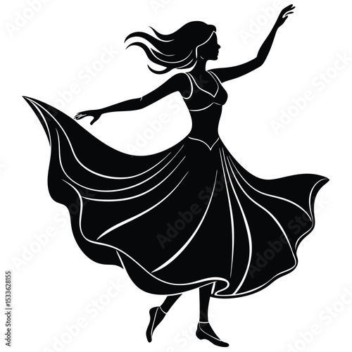 Girl in a cascading high low dress spinning with vector silhouette file