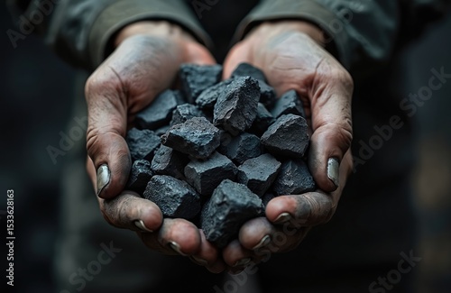 Close-up of hands holding coal, industrial fuel source. Miner, worker holds rough black rocks, showing energy production. Coal mining, energy industry, natural resources concept. Industrial