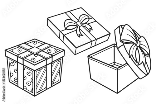 Gift Packaging Icons. Outline icon set of gift packaging styles: kraft paper wrap, clear cellophane bag, metallic foil box, fabric