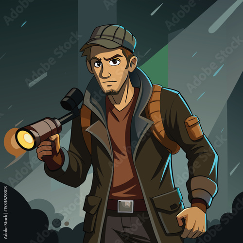 Adventurous man (urban explorer) wearing gritty clothes, holding a flashlight, seeking hidden places.