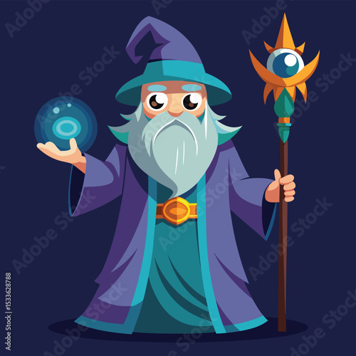 Powerful man (wizard) holding a glowing staff, eyes wide with magic, a mystical figure.