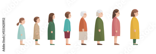 Illustration of diverse characters representing different ages in line, showcasing growth