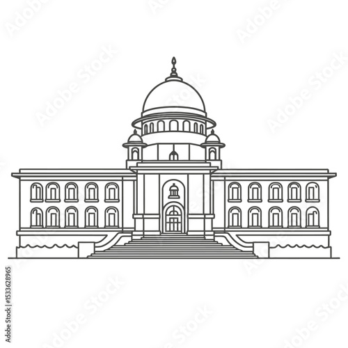Supreme Court of India Line Art Illustration, Detailed Black and White Drawing of Famous Government Building in Delhi with Central Dome, Pillars, Emblem and Symmetrical Architecture