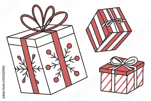 Gift Packaging Icons. Outline icon set of gift packaging styles: kraft paper wrap, clear cellophane bag, metallic foil box, fabric