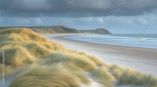Seascape View Of Sandy Beach Grass Dune And Cloudscape In Daytime