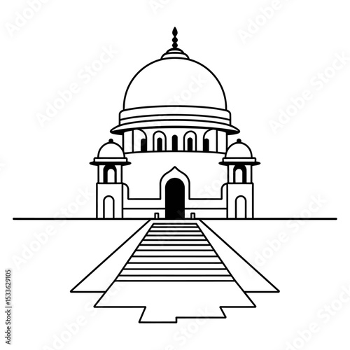 Supreme Court of India Line Art Illustration, Detailed Black and White Drawing of Famous Government Building in Delhi with Central Dome, Pillars, Emblem and Symmetrical Architecture