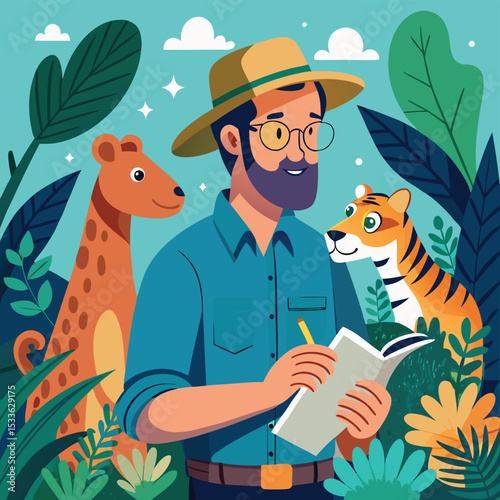 Dedicated zoologist observing an animal (implied), focused on nature and wildlife.
