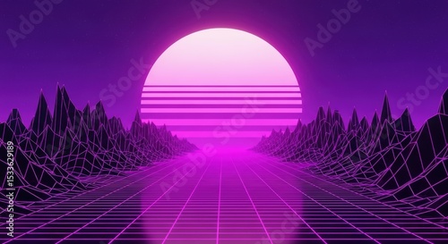 Retro Sun with Grid Landscape in Purple