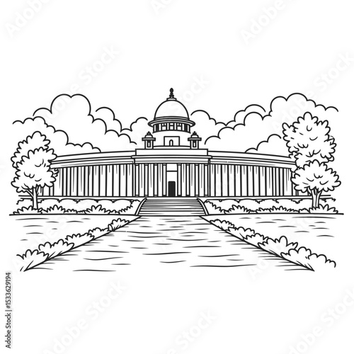 Supreme Court of India Line Art Illustration, Detailed Black and White Drawing of Famous Government Building in Delhi with Central Dome, Pillars, Emblem and Symmetrical Architecture