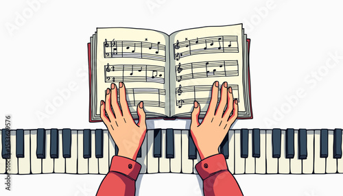 Hands playing music from an open scorebook above a piano keyboard