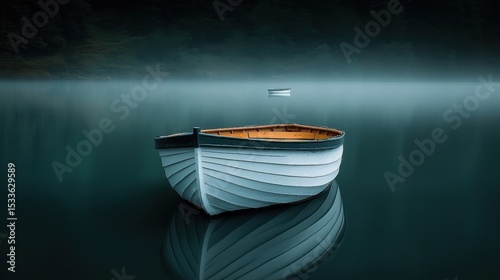 Wooden Boat on Calm Lake Surface Reflecting Mystical Foggy Landscape
