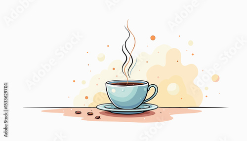 Steaming coffee cup on a table with coffee beans
