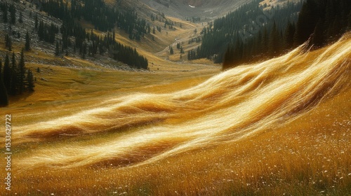 Sunlit Golden Meadow Valley With Mountains In Background Scenic Landscape