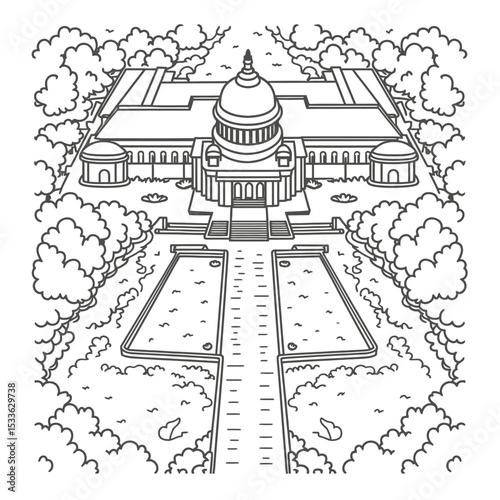 Supreme Court of India Line Art Illustration, Detailed Black and White Drawing of Famous Government Building in Delhi with Central Dome, Pillars, Emblem and Symmetrical Architecture