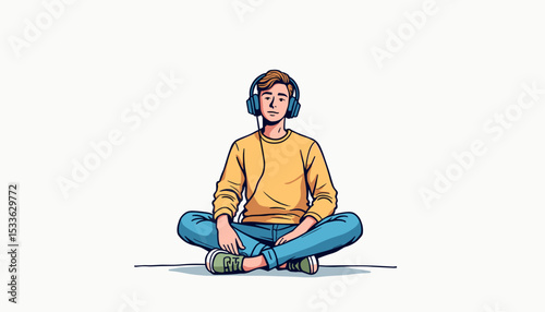 Young man sitting cross-legged, listening to music at home