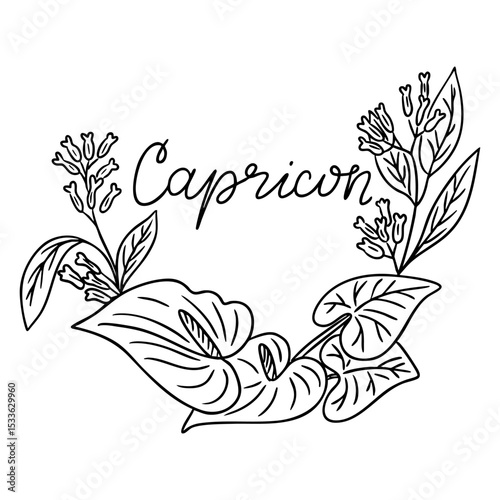 Capricorn zodiac sign with floral wreath and elegant foliage arrangement. Concept reflects astrology, grounded nature and personal symbolism through botanical art