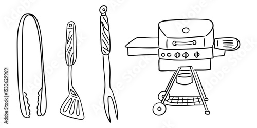 Barbecue grill with tongs, spatula and fork in hand-drawn black and white style. Concept captures outdoor cooking, summer leisure and grilling tradition