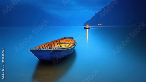 Scenic Blue Rowing Boat Floating on Lake Under Dramatic Twilight Sky