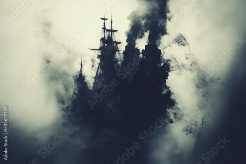 Massive ghostly warship emerges from swirling mist with surreal contrast between power and decay