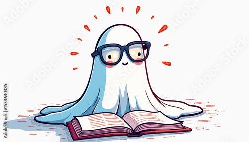 Cute ghost reading a book with glasses