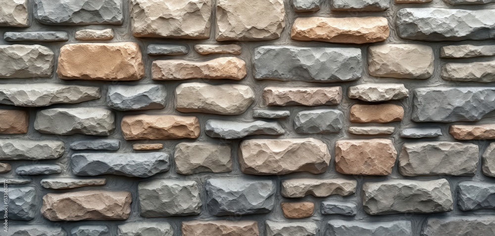 Fototapeta premium Seamless stone wall tile pattern background. Textured surface composed of varied size, shape stones in shades of grey, beige, brown. Repeating stone texture for construction, design.