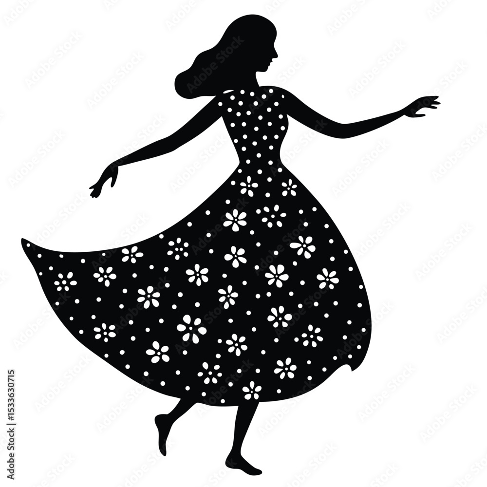Obraz premium Floral Pattern Flowing Dress Vector Silhouette | Turning Pose Art | EPS 10 Scalable