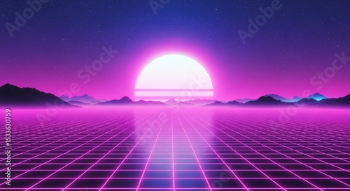 Retro Sun Over Landscape with Grid