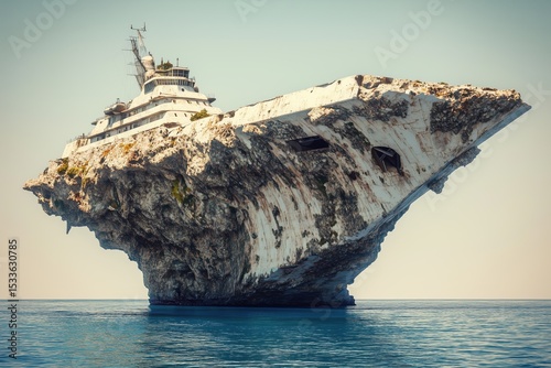 Surreal modern cruise liner fossilized into rocky cliffside over water combines decay and absurdity