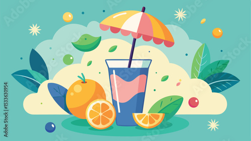 Colorful summer illustration of orange juice with umbrella and fruits on transparent background