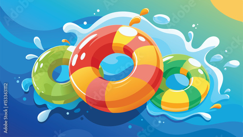 Colorful summer pool floats in water splash illustration with transparency