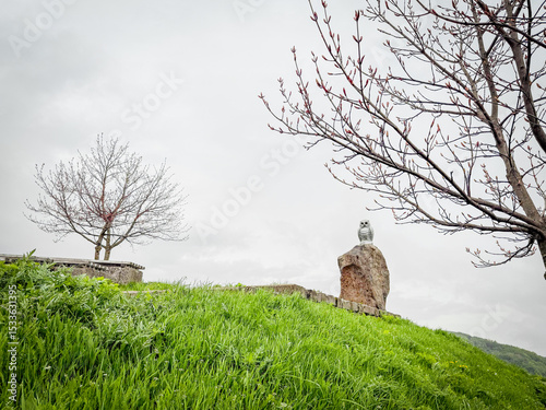 Georgia, Didgori, Sakartvelo, A carved owl statue rests on a stone pedestal amid fresh green grass and bare trees under a quiet, cloudy spring sky.