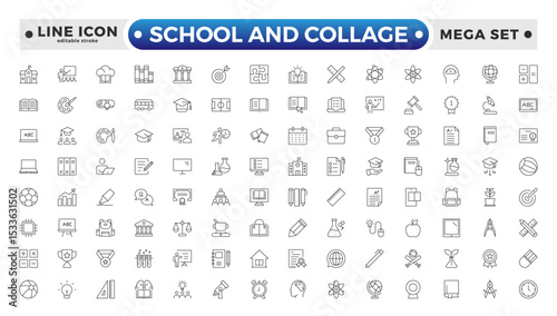 School and Collage outline Icon Set. Back to School, College, Study Tools & Education Vector Collection. Editable stroke outline icon.
