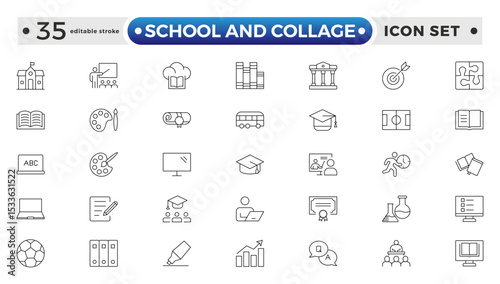 School and Collage outline Icon Set. Back to School, College, Study Tools & Education Vector Collection. Editable stroke outline icon.
