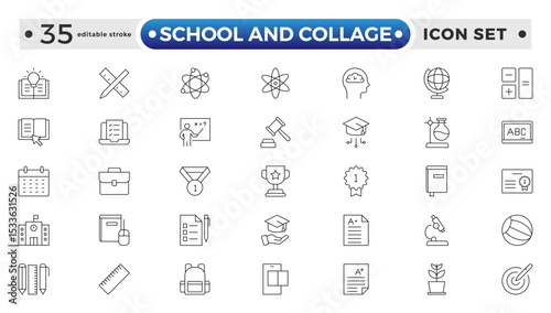School and Collage outline Icon Set. Back to School, College, Study Tools & Education Vector Collection. Editable stroke outline icon.
